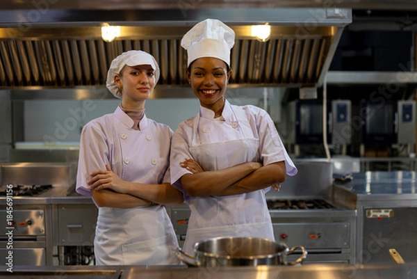 Obraz Two professional female chefs in uniform standing confidently with arms crossed in a commercial kitchen, representing culinary leadership, teamwork, and modern hospitality