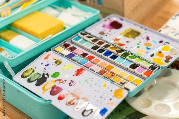 Obraz Watercolor paint set with palettes for creative art class