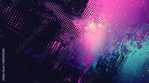 Obraz Dynamic abstract grunge background featuring halftone patterns, scratched textures and a vivid black to pink purple blue gradient for neon, synthwave, retro inspired designs