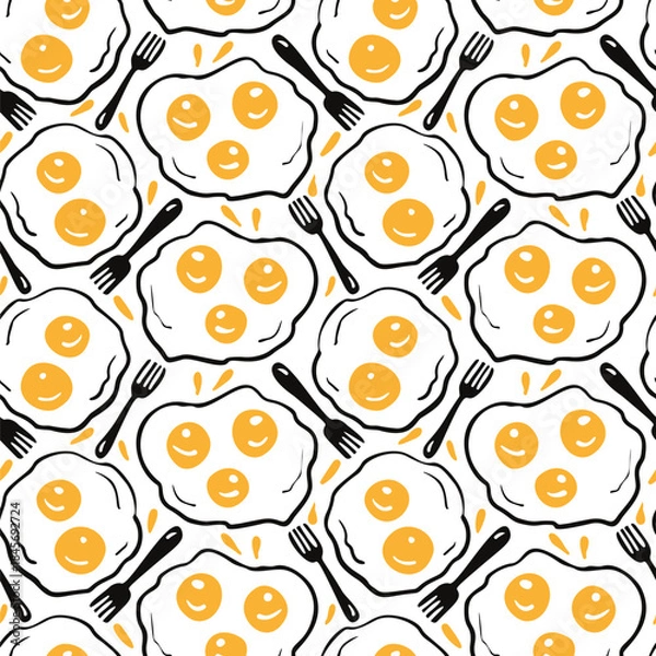 Obraz Seamless pattern with fried eggs and forks. Vector illustration.