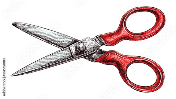 Obraz Professionally Illustrated Red Handle Scissors Vector Drawing for Design Projects