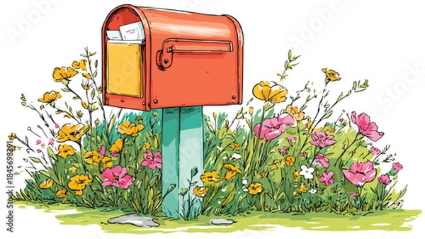 Obraz Rustic Mailbox with Letterbox Surrounded by Flowers in Grass Field
