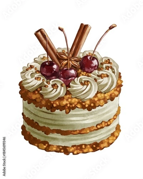 Fototapeta Delicious cake with cherries and cinnamon sticks on top at a dessert table during a party celebration