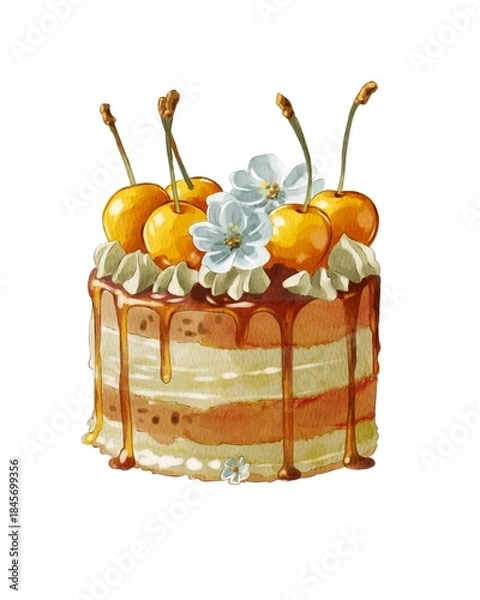 Fototapeta Cake decorated with cherries and flowers on top with caramel drizzle against a white background