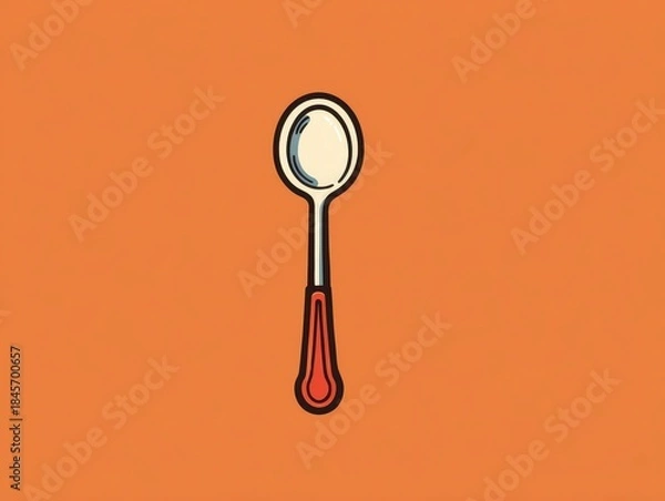Fototapeta Illustration of a silver spoon with a red handle against an orange background, highlighting culinary tool usage in a minimalist style