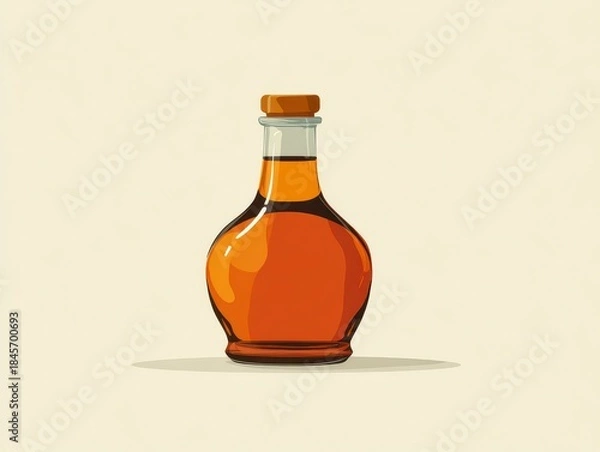 Fototapeta Illustration of a single glass bottle, filled with a brown liquid, sealed with a cork stopper, set against a cream-colored background