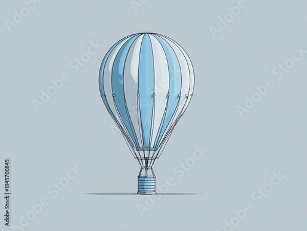 Fototapeta Illustration of a striped hot air balloon, rendered in a simple, graphic style, floating against a solid light blue background