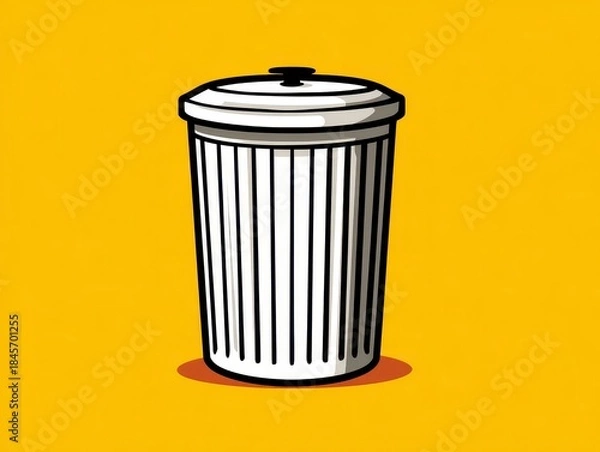 Fototapeta Illustration of a white trash can with a lid, set against a vibrant yellow background. The graphic is clean and simple, suitable for diverse uses