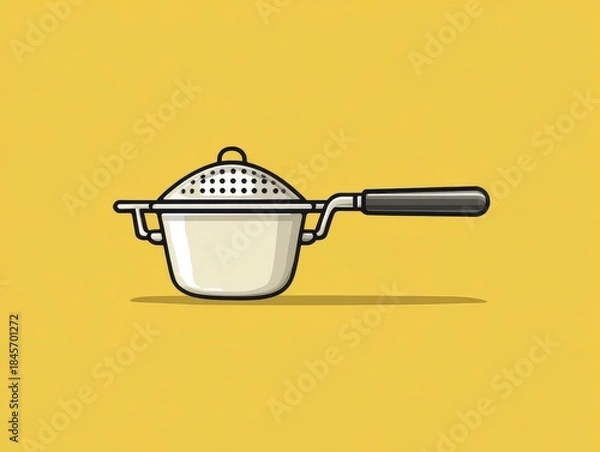 Fototapeta Illustration of a white cooking pot with a strainer lid and black handle on a yellow background