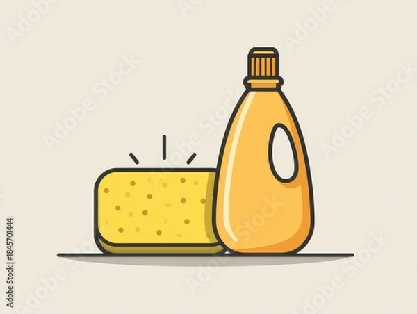 Fototapeta Illustration of cleaning supplies; a yellow sponge and a detergent bottle. Flat design, solid colors and thick outlines create a simple, clean aesthetic