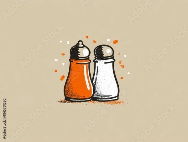 Fototapeta Illustration of two stylized seasoning shakers, one orange and one white, with surrounding speckles, on a neutral background
