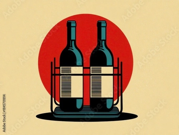 Fototapeta Illustration of two wine bottles in a holder, against a vibrant red circle backdrop and textured beige background
