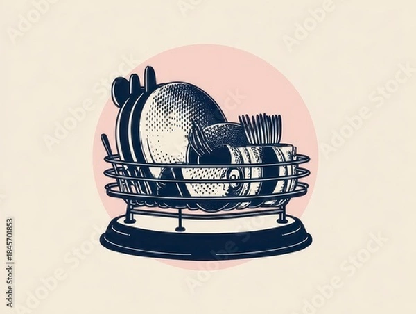 Fototapeta Line drawing of a dish drainer with plates, cups, utensils, and a pink circle background