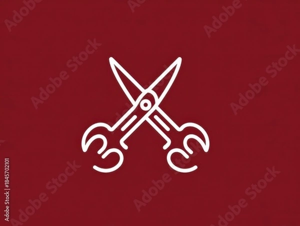 Fototapeta Minimalist line art depicting a pair of crossed scissors, rendered in white against a deep red background