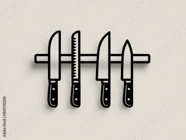 Fototapeta Monochrome illustration of four kitchen knives displayed on a magnetic strip. The knives have black handles and different blade types, mounted on a neutral background