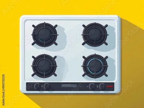 Fototapeta Overhead, graphic illustration depicting a white, four-burner stovetop with dark burners, control knobs, and a subtle shadow