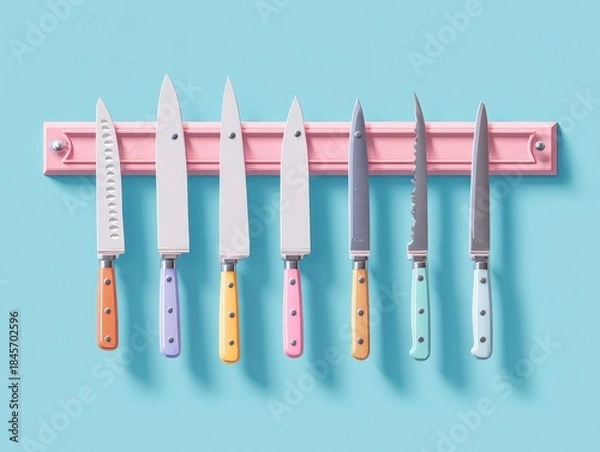 Fototapeta Seven stylized kitchen knives, each with a different blade and colorful handle, hang on a pastel pink rack against a light blue backdrop