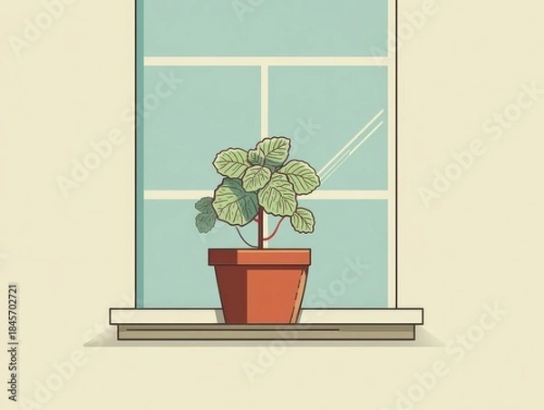 Fototapeta Simple illustration depicts a potted leafy plant on a window sill, with the window showing a bright blue sky. The style is flat, minimalist, and cartoon-like