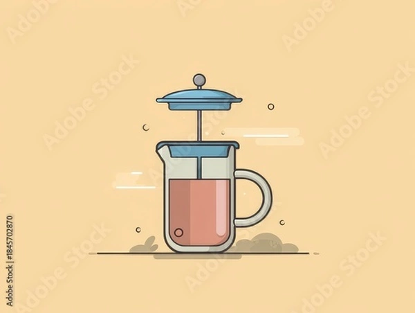 Fototapeta Simplified illustration featuring a tea press with light-pink liquid inside, set against a warm beige background with minimalist design