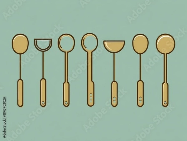 Fototapeta Simplified illustration featuring seven cooking utensils in various shapes, arranged in a row against a muted teal backdrop. The designs are minimalistic