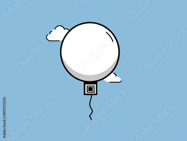 Fototapeta Simplified illustration of a white balloon with a black outline floating amidst stylized white clouds against a pale blue background