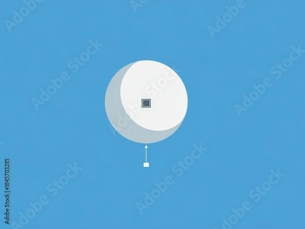 Fototapeta Simplified illustration of a white spherical object tethered to a small square beneath, all against a bright blue sky