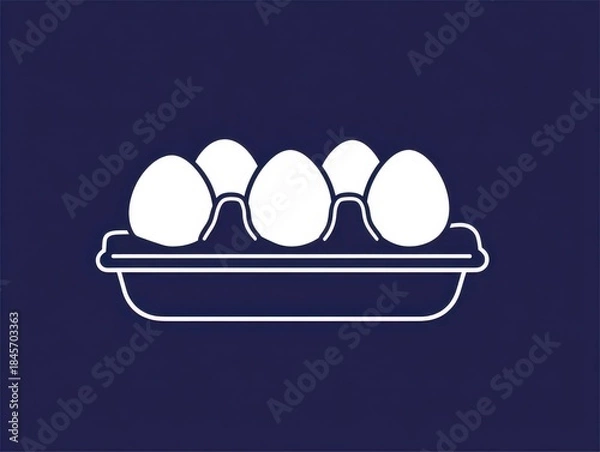 Fototapeta Simplified illustration of six white eggs neatly arranged in a carton, against a dark blue background