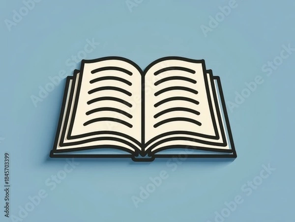 Fototapeta Simplified illustration of an open book with light-colored pages and a dark outline on a light blue background. The book casts a subtle shadow