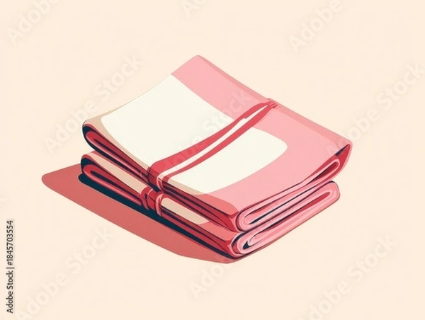 Fototapeta Stylized isometric illustration of two folded towels in shades of pink and cream, bound with a ribbon. Soft shadows suggest depth