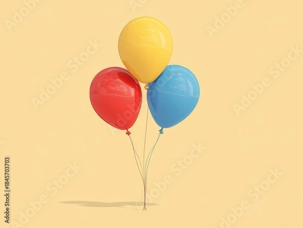 Fototapeta Three glossy balloons in primary colors, red, yellow, and blue, tied together with delicate strings against a solid light-yellow background