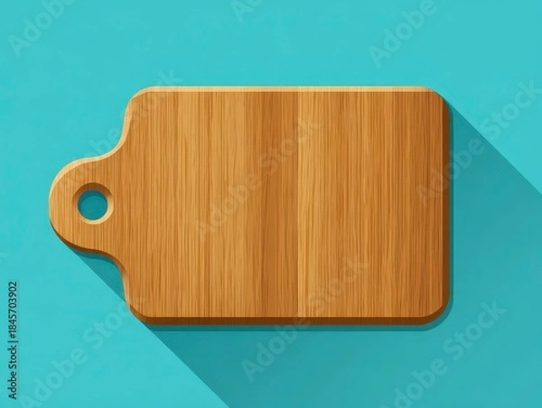 Fototapeta Wooden cutting board with a handle on a turquoise surface casting a shadow. Simple graphic suitable for culinary or design