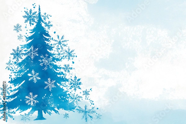 Fototapeta Watercolor Christmas tree silhouette with decorative snowflakes, light winter background, open area for design..