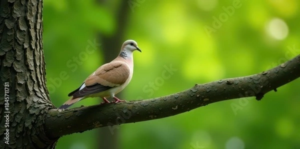 Fototapeta A lone dove rests on a sturdy tree branch, observing its surroundings , wood, bark