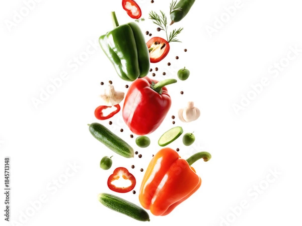 Obraz Fresh vegetables falling in a cascade isolated on white background