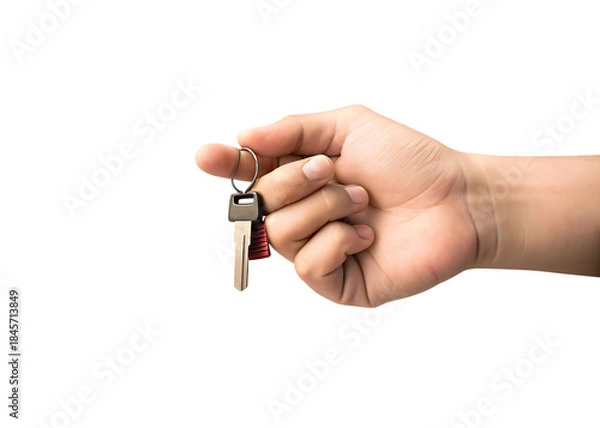 Obraz Hand holding a single key isolated on white background