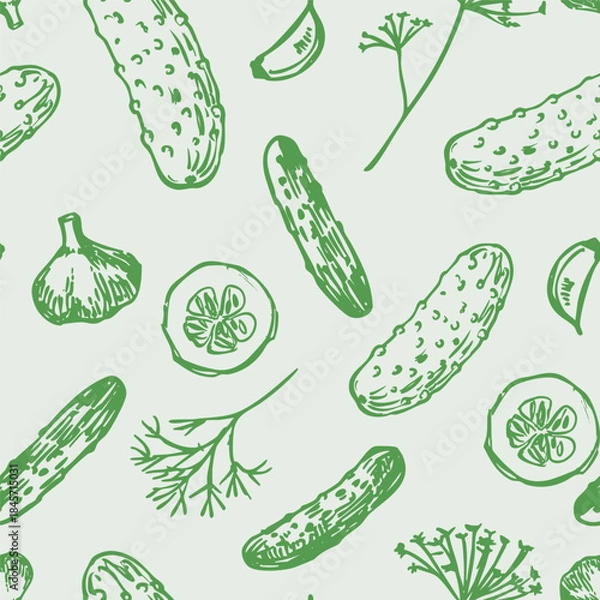 Obraz Pickles, cucumbers i, seamless pattern, hand drawn sketch, realistic vector illustration