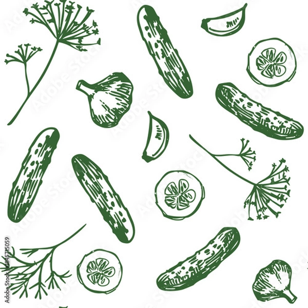 Obraz Pickles, cucumbers i, seamless pattern, hand drawn sketch, realistic vector illustration