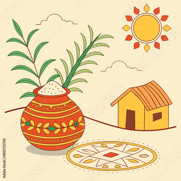 Obraz Pongal Festival Vector Illustration with Traditional Pot and Sugarcane