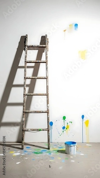 Obraz Creative Art Studio with Ladder and Paint Splashes