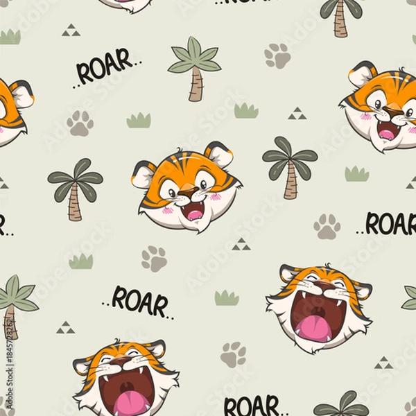 Obraz Cute Face Tiger Open Mouth On The Jungle, Seamless Pattern, Vector Cartoon Illustration