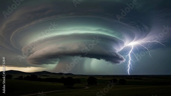 Obraz Dramatic Storm Cloud with Lightning over Open Field