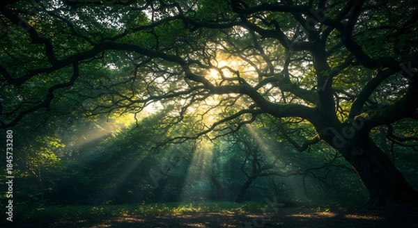 Obraz Sun Rays Through Forest Canopy
