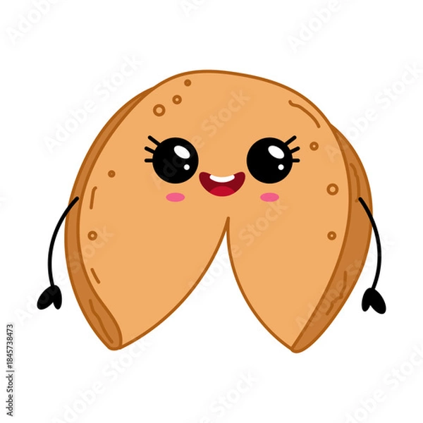 Obraz Adorable fortune cookie character with smiling face and arms isolated on white background. Kawaii style illustration for stickers and fun designs.