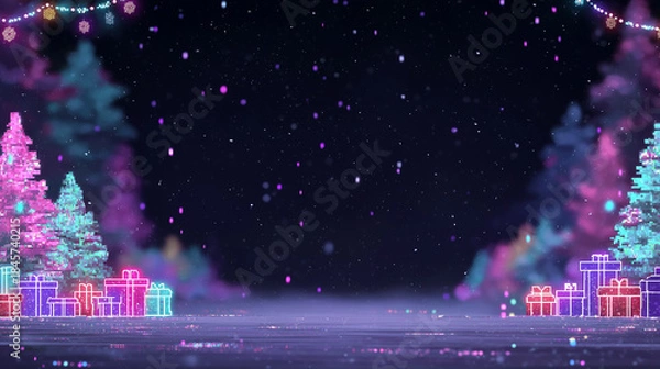 Fototapeta Digital gaming-style Christmas background featuring pixelated props, neon lights, and a fantasy RPG intro layout screen. Cinematic fantasy RPG Christmas intro background with pixel art decorneon glow.