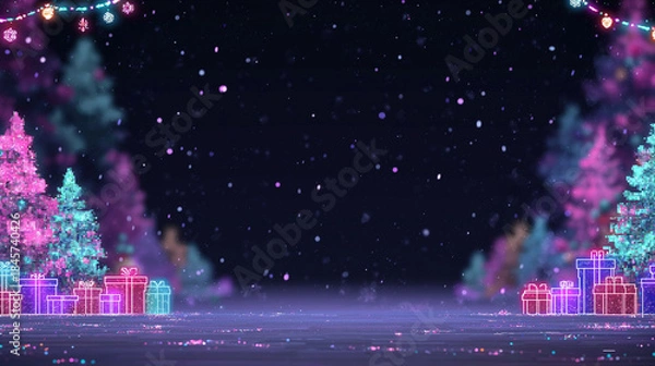 Fototapeta Digital gaming-style Christmas background featuring pixelated props, neon lights, and a fantasy RPG intro layout screen. Cinematic fantasy RPG Christmas intro background with pixel art decorneon glow.