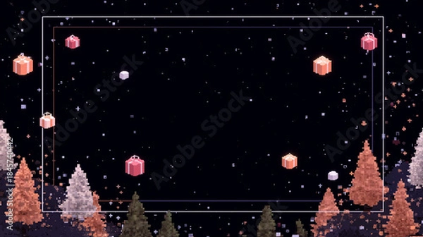 Fototapeta Digital gaming-style Christmas background featuring pixelated props, neon lights, and a fantasy RPG intro layout screen. Cinematic fantasy RPG Christmas intro background with pixel art decorneon glow.