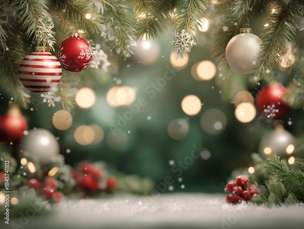 Fototapeta Photorealistic Christmas Party Background with Elegant Ornaments, Snowflakes, Fairy Lights, and Green Copy Space, Luxury Christmas Holiday Background with Festive Decorations, Fir Branches, Snow.