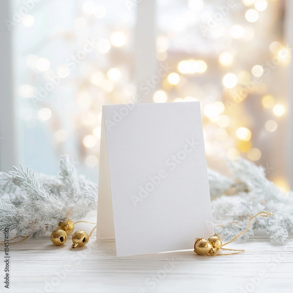 Fototapeta Elegant Christmas Invitation Card Mockup with Evergreen and Golden Bells, Luxury Winter Holiday Invitation Card Mockup with Festive Bokeh Lights