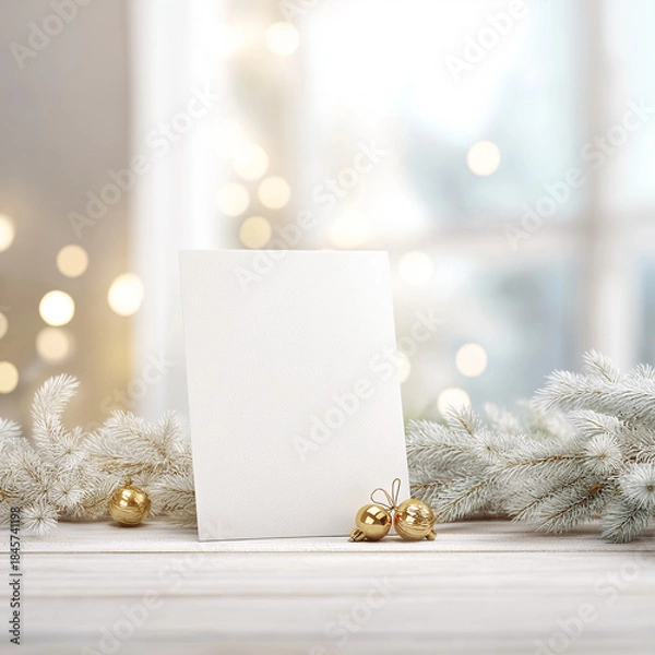 Fototapeta Elegant Christmas Invitation Card Mockup with Evergreen and Golden Bells, Luxury Winter Holiday Invitation Card Mockup with Festive Bokeh Lights