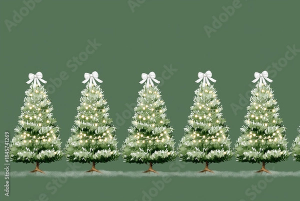 Fototapeta A row of cute Christmas trees with white lights and bows on top, a watercolor illustration in a simple, clip art style for a mobile app background wallpaper in a solid green color.